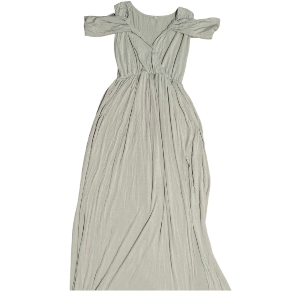 Sage Mint Boho Maxi Dress Ethereal Off-Shoulder Flowy Gown (M)